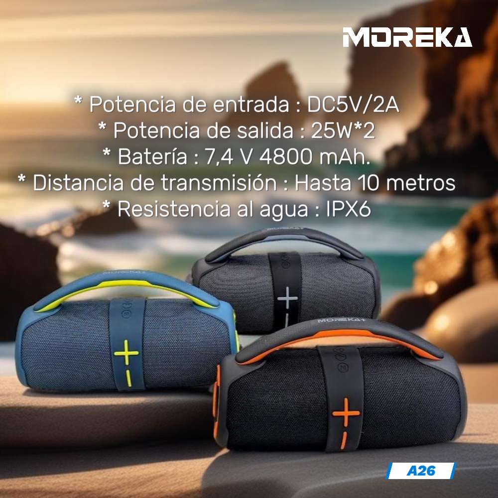 Bocina Moreka+ A26 50W 4800mAh Bluetooth, TF Card, Radio FM, USB Contra Agua IPX63