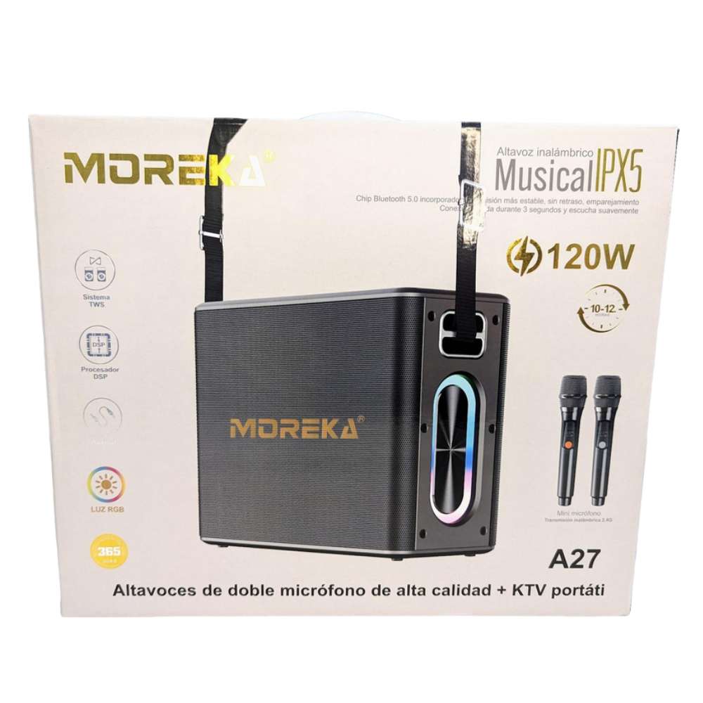 Bocina Moreka A27 120W 1200mAh 12 hrs de bateria Bluetooth, Contra Agua IPX57