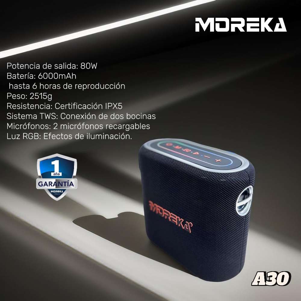 Bocina Moreka A30 80W 6000mAh 6 hrs de bateria Bluetooth, Contra Agua IPX53
