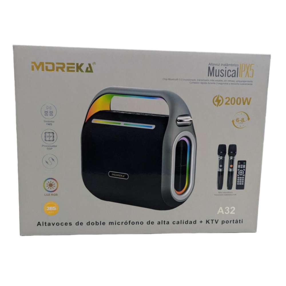 Bocina Moreka A32 200W 1200mAh 6-8 hrs de bateria Bluetooth, Contra Agua IPX59