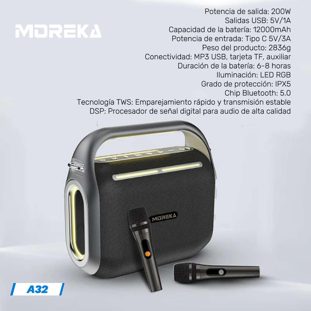 Bocina Moreka A32 200W 1200mAh 6-8 hrs de bateria Bluetooth, Contra Agua IPX53
