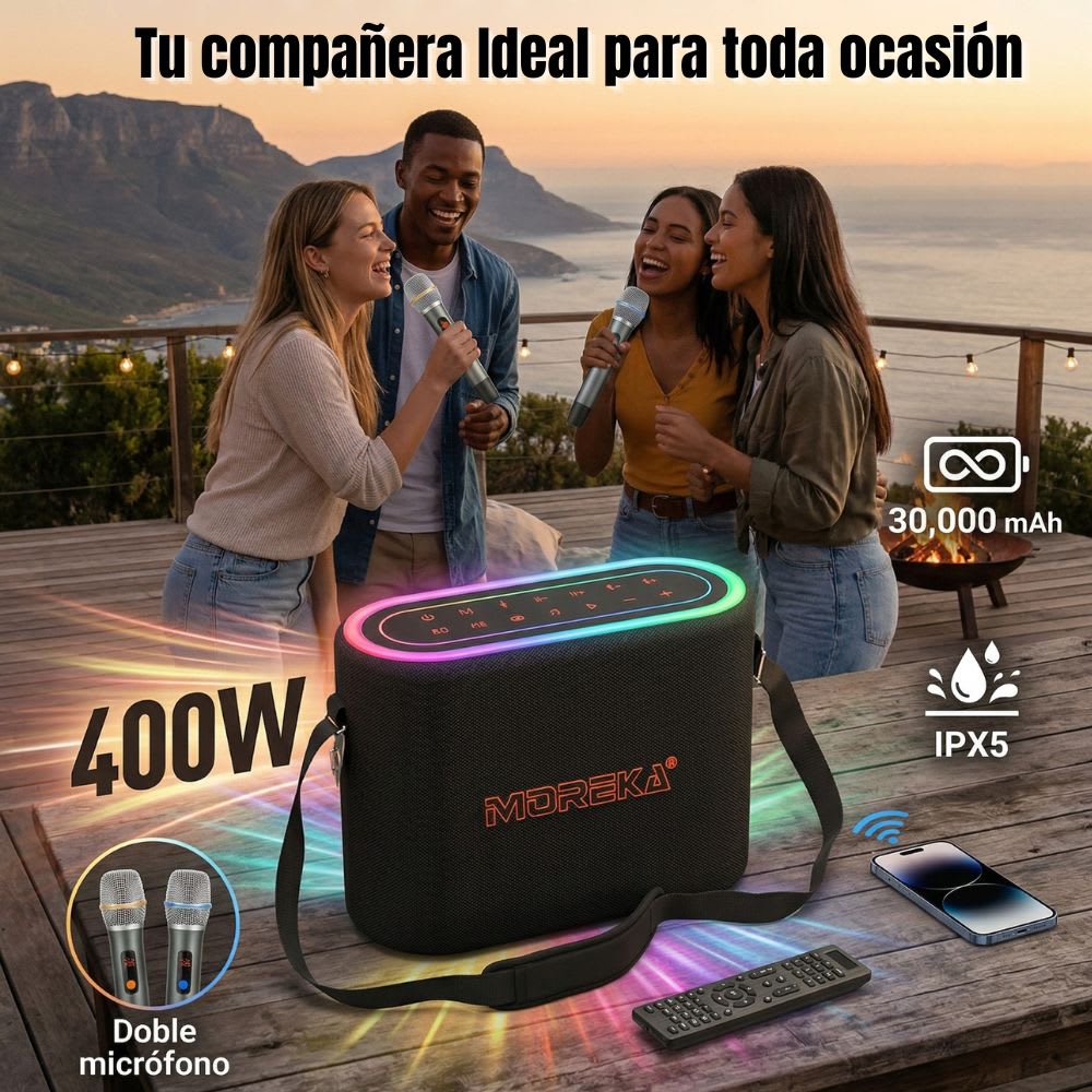 Bocina Karaoke Moreka A35 400W 30000mAh 10 hrs de bateria Bluetooth, Contra Agua IPX53