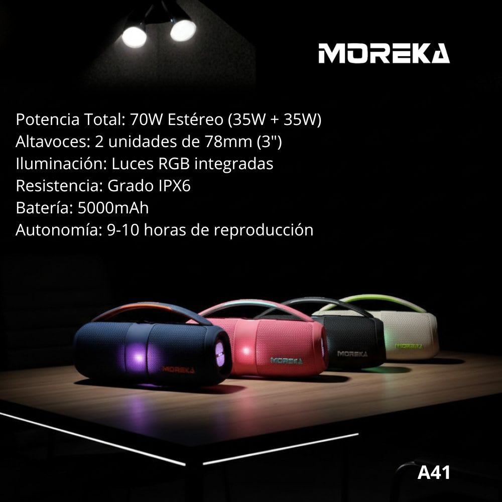 Bocina Moreka A41 70W 35W+35W 5000mAh 9hrs de bateria Bluetooth IPX64