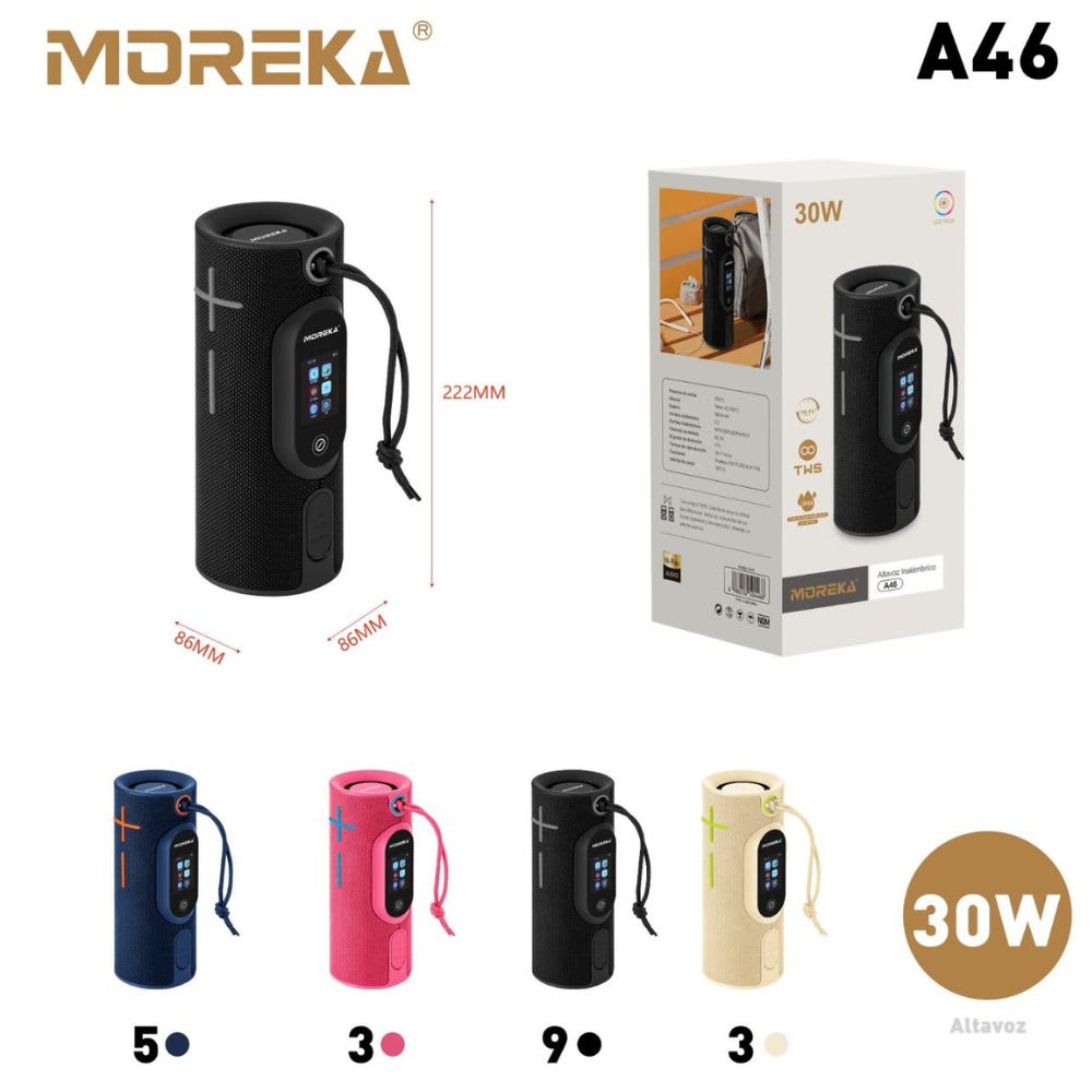 Bocina Moreka A46 Pantalla Táctil LCD multifunción 30W 3600mAh 10hrs de bateria IPX610