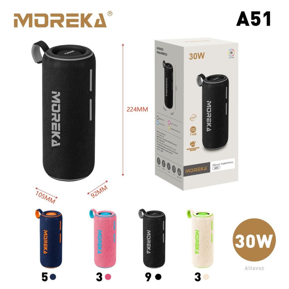 Bocina Moreka A51 30W 15W*2 3600mAh 8hrs de bateria Bluetooth IPX67