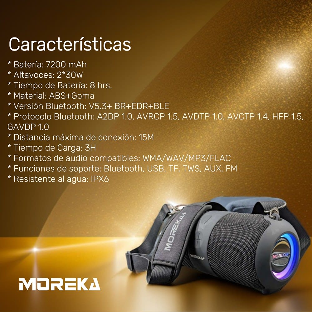 Bocina Moreka+ A6 60W, Bluetooth, TF Card, Radio FM, USB Contra Agua IPX610