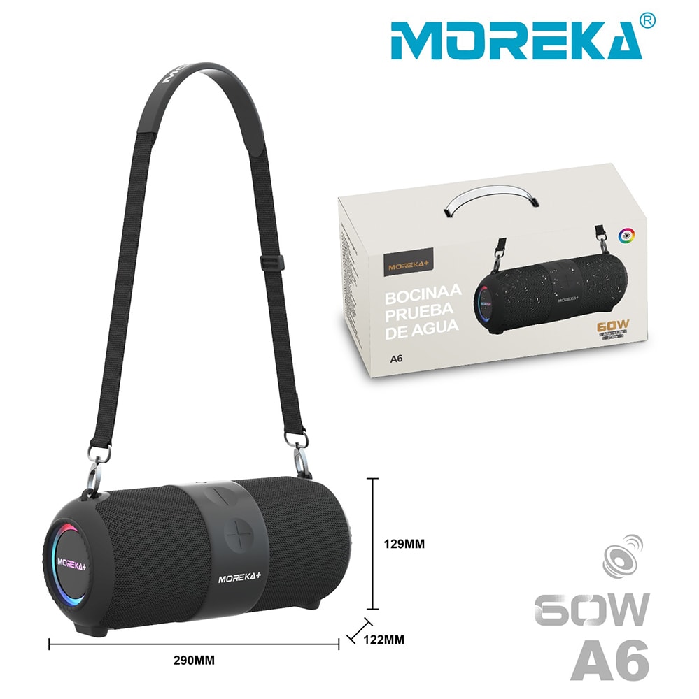 Bocina  Moreka+ A6 60W, Bluetooth, TF Card, Radio FM, USB Contra Agua IPX612