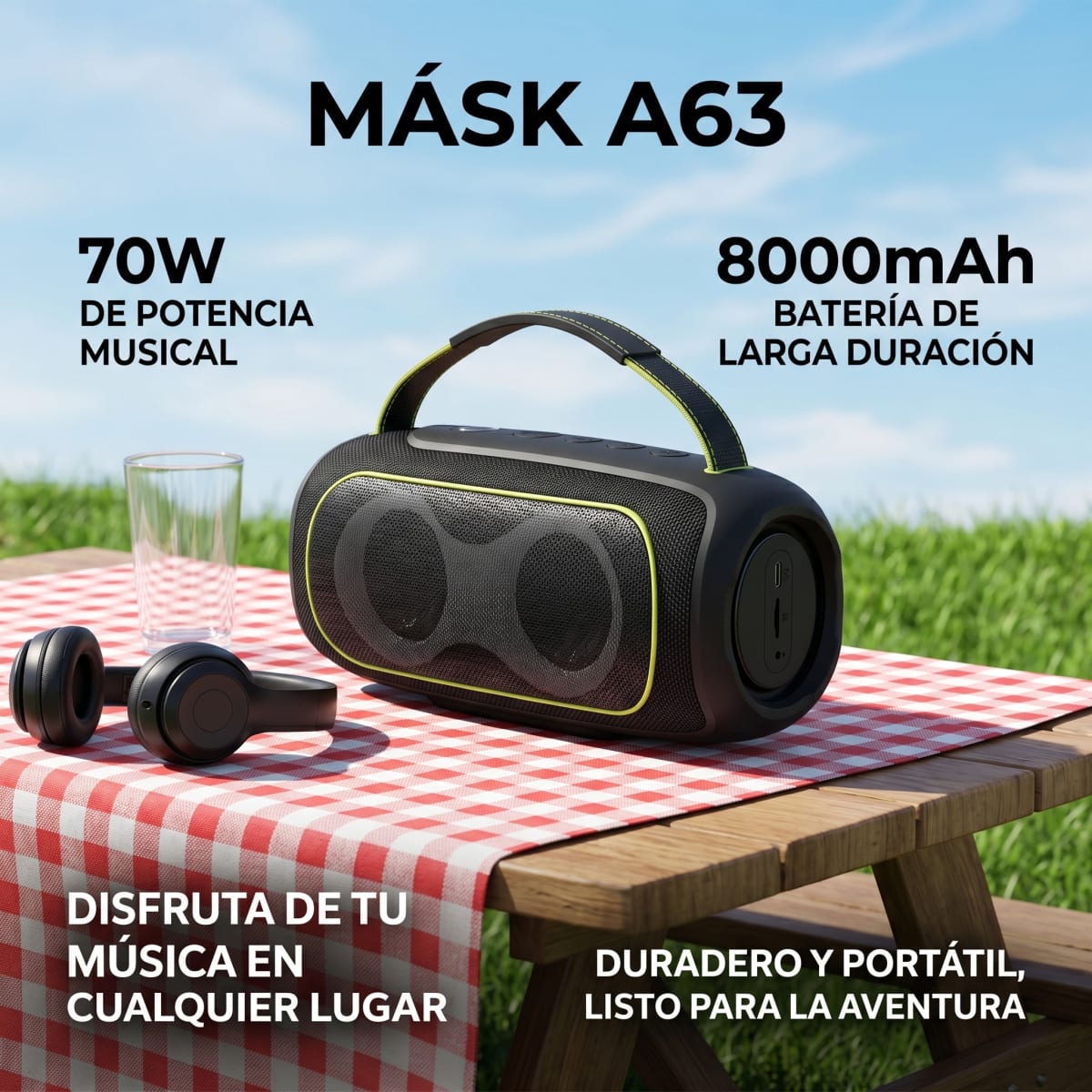 Altavoz portátil MÁSK A63 70W estéreo con Bluetooth 5.3 batería de larga duración y luces RGB5