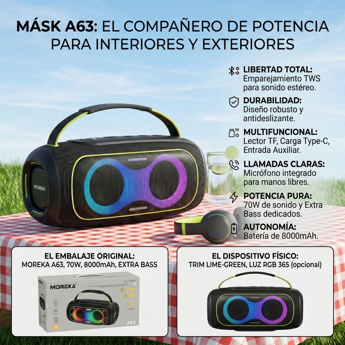 Altavoz portátil MÁSK A63 70W estéreo con Bluetooth 5.3 batería de larga duración y luces RGB9