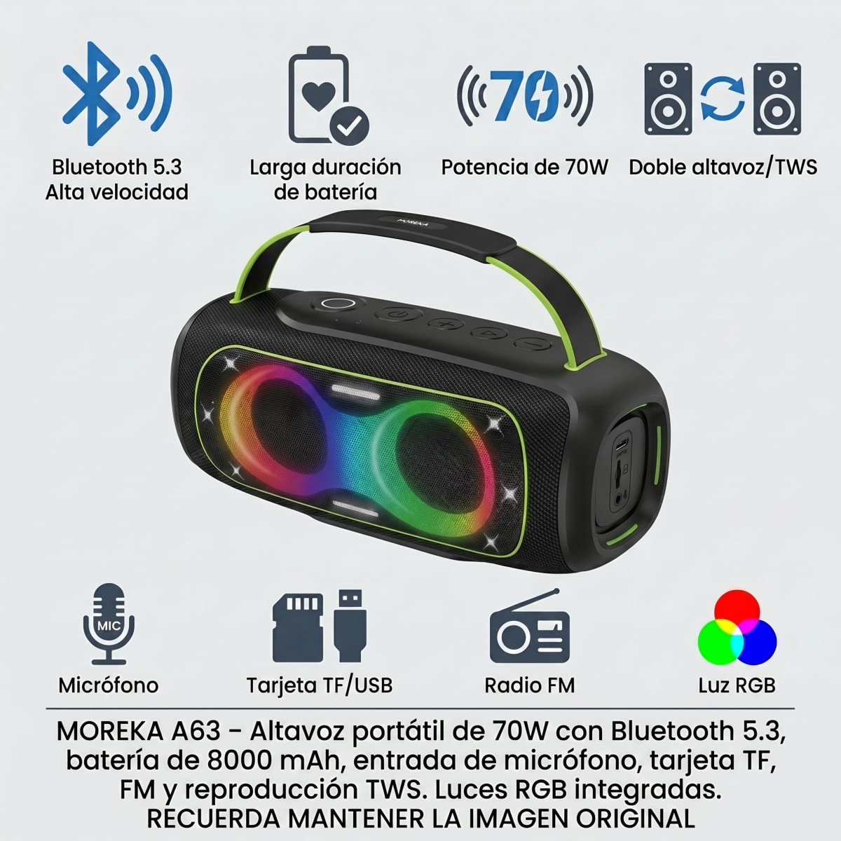 Bocina Portátil Mask A63 70w Bluetooth 5.3 Estéreo Rgb6