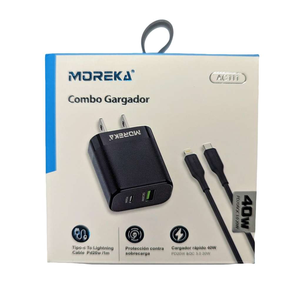 Cargador 40W Moreka AC111 2 puertos PD20W y QC 3.0 20W Cable C-IP 1M4