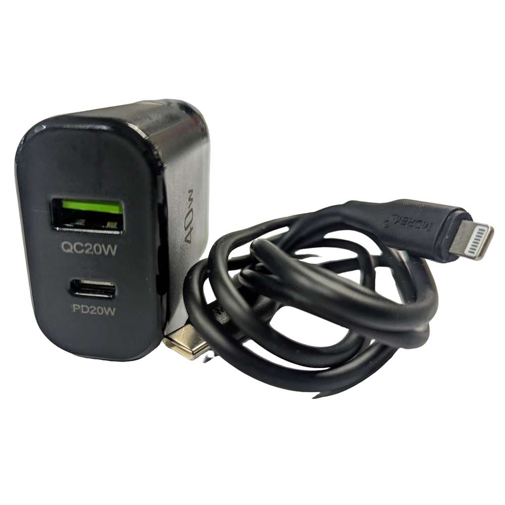 Cargador 40W Moreka AC111 2 puertos PD20W y QC 3.0 20W Cable C-IP 1M2