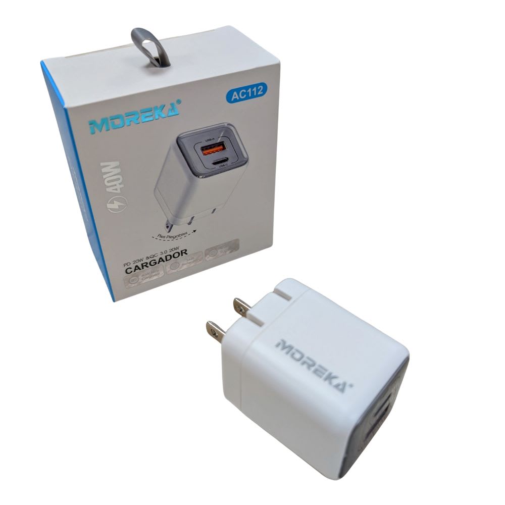 Cubo Cargador 40W 5V- 3A puertos PD20W & QC3.0 20W Clavija plegable Moreka  AC1127