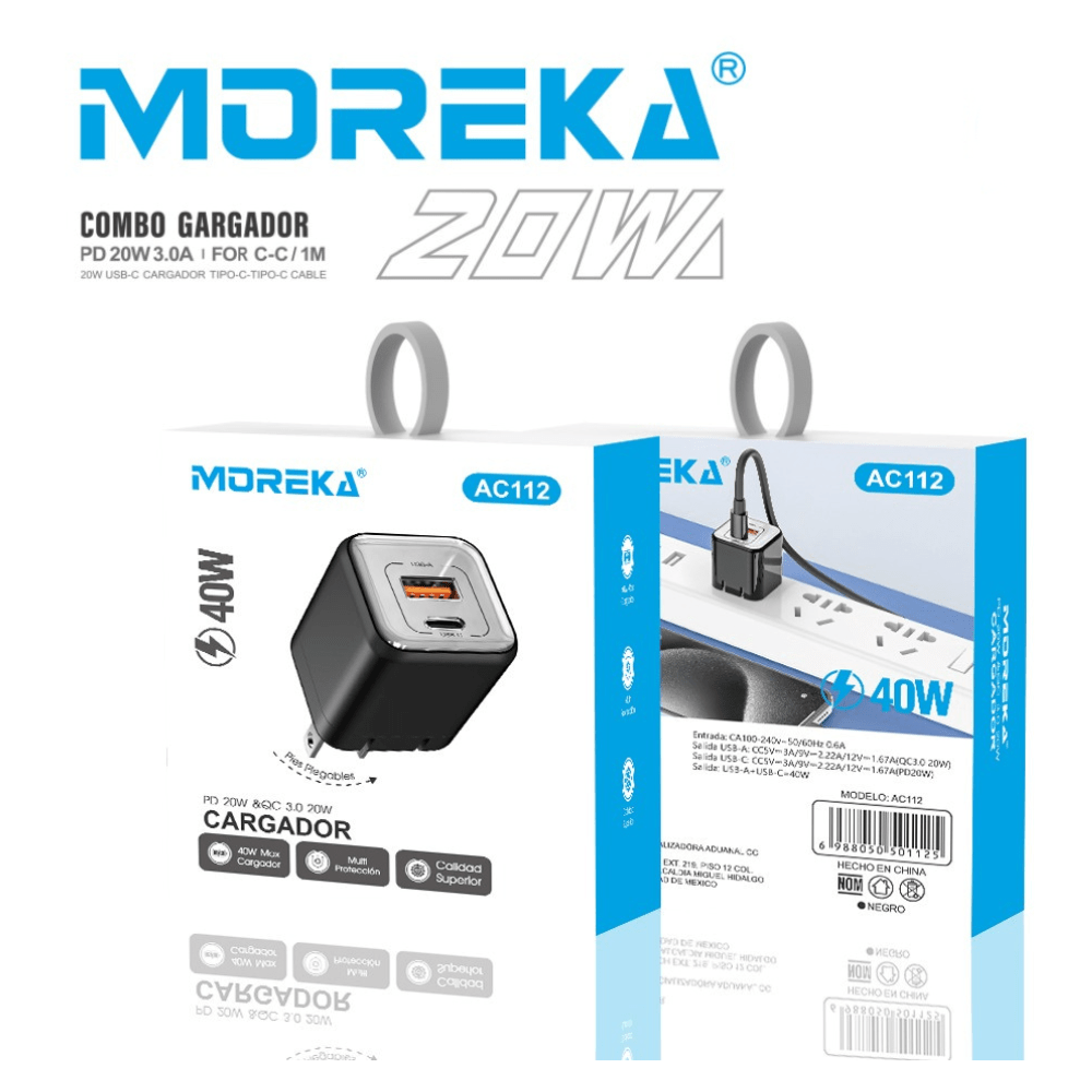 Cubo Cargador 40W 5V- 3A puertos PD20W & QC3.0 20W Clavija plegable Moreka  AC1128
