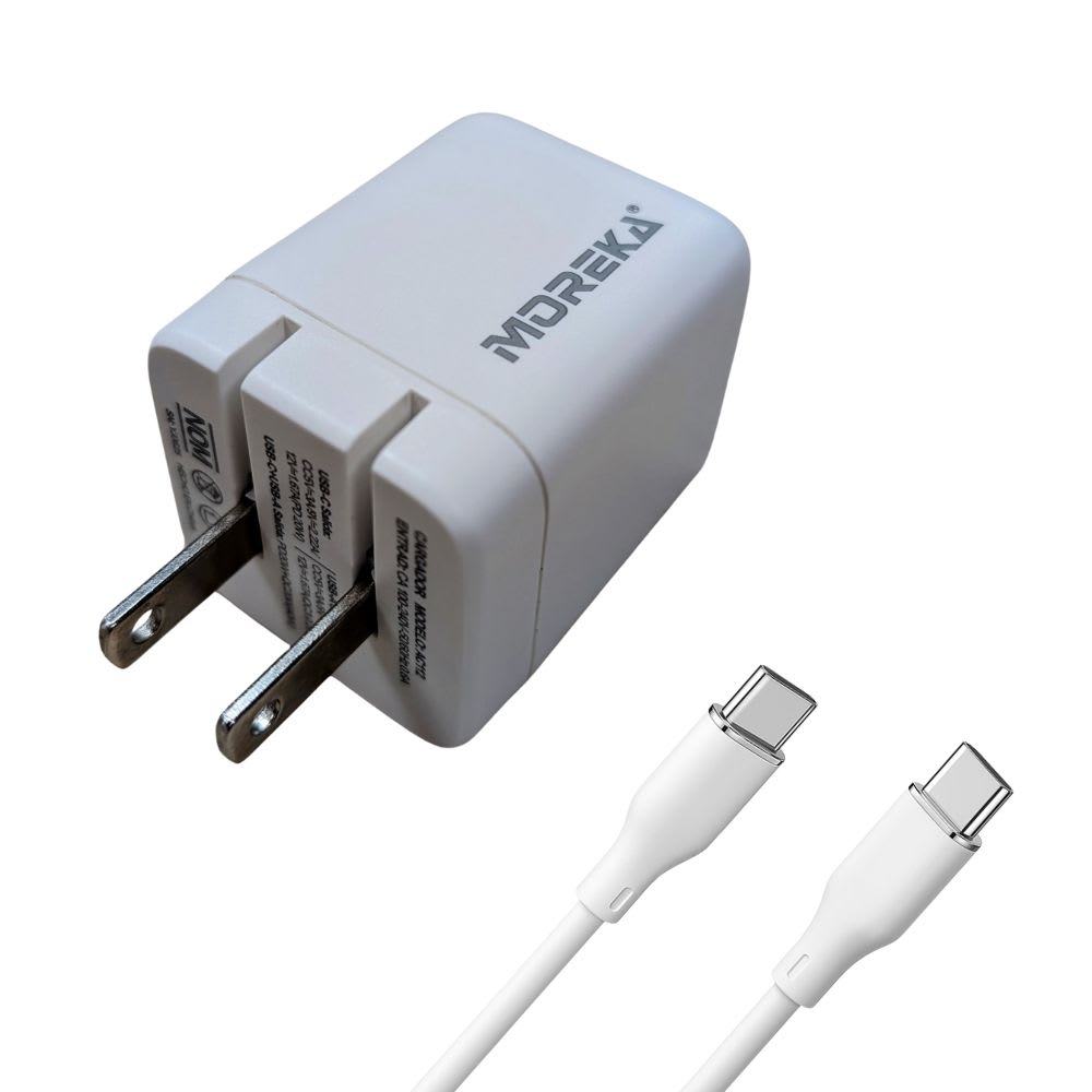 Cargador 40W 5V- 3A puertos PD20W & QC3.0 20W Clavija plegable cable tipo C -C Moreka  AC1136
