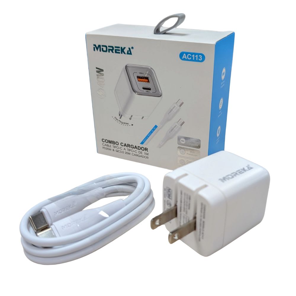 Cargador 40W 5V- 3A puertos PD20W & QC3.0 20W Clavija plegable cable tipo C -C Moreka  AC1132