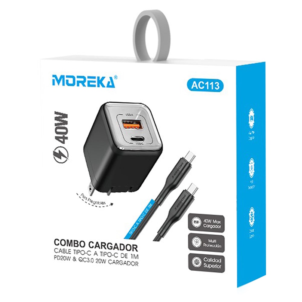 Cargador 40W 5V- 3A puertos PD20W & QC3.0 20W Clavija plegable cable tipo C -C Moreka  AC1135