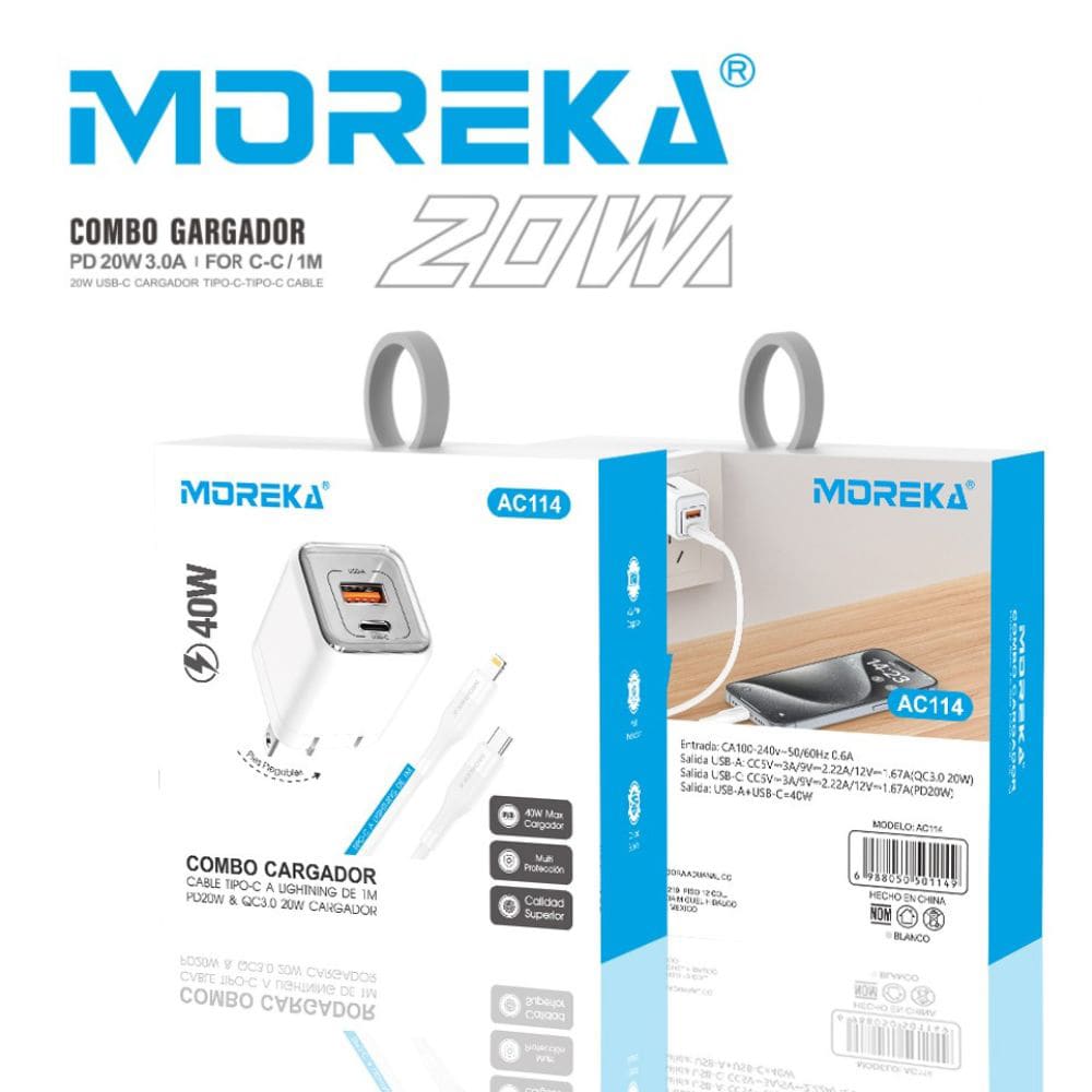 Cargador 40W 5V- 3A puertos PD20W & QC3.0 20W Clavija plegable cable Tipo IP - C Moreka  AC1145