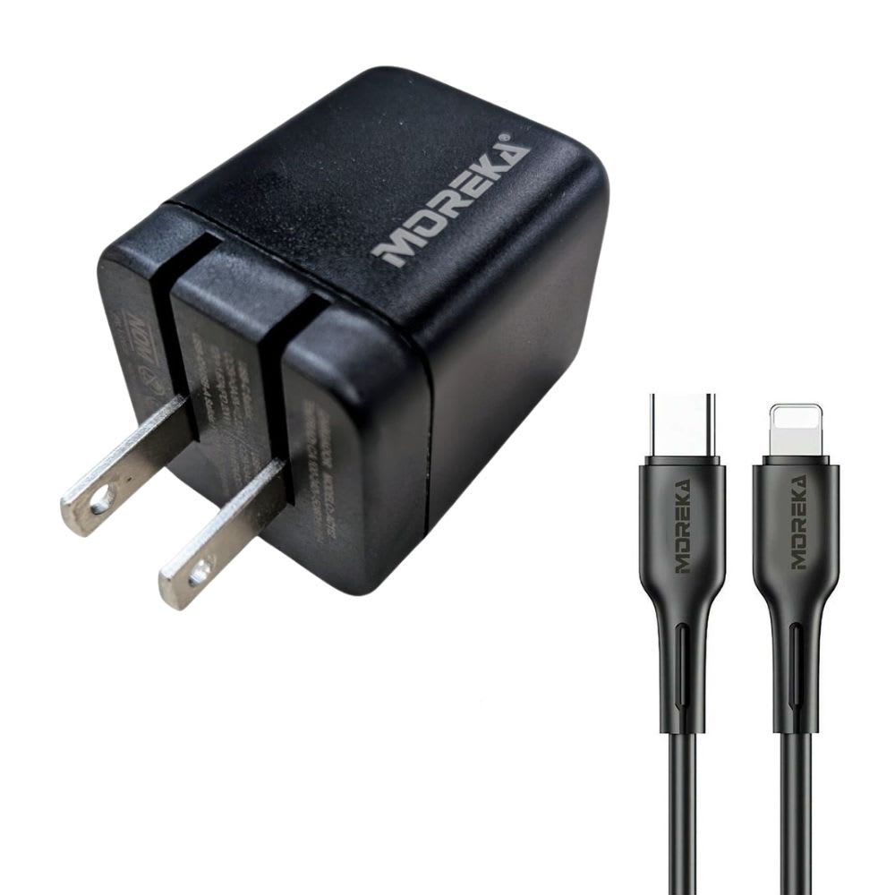 Cargador 40W 5V- 3A puertos PD20W & QC3.0 20W Clavija plegable cable Tipo IP - C Moreka  AC1144