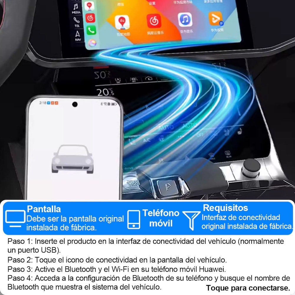 Adaptador 2en1 Inalámbrico para Carplay y android Auto (iOS 10+, Android 11+). No compatible con BMW.10