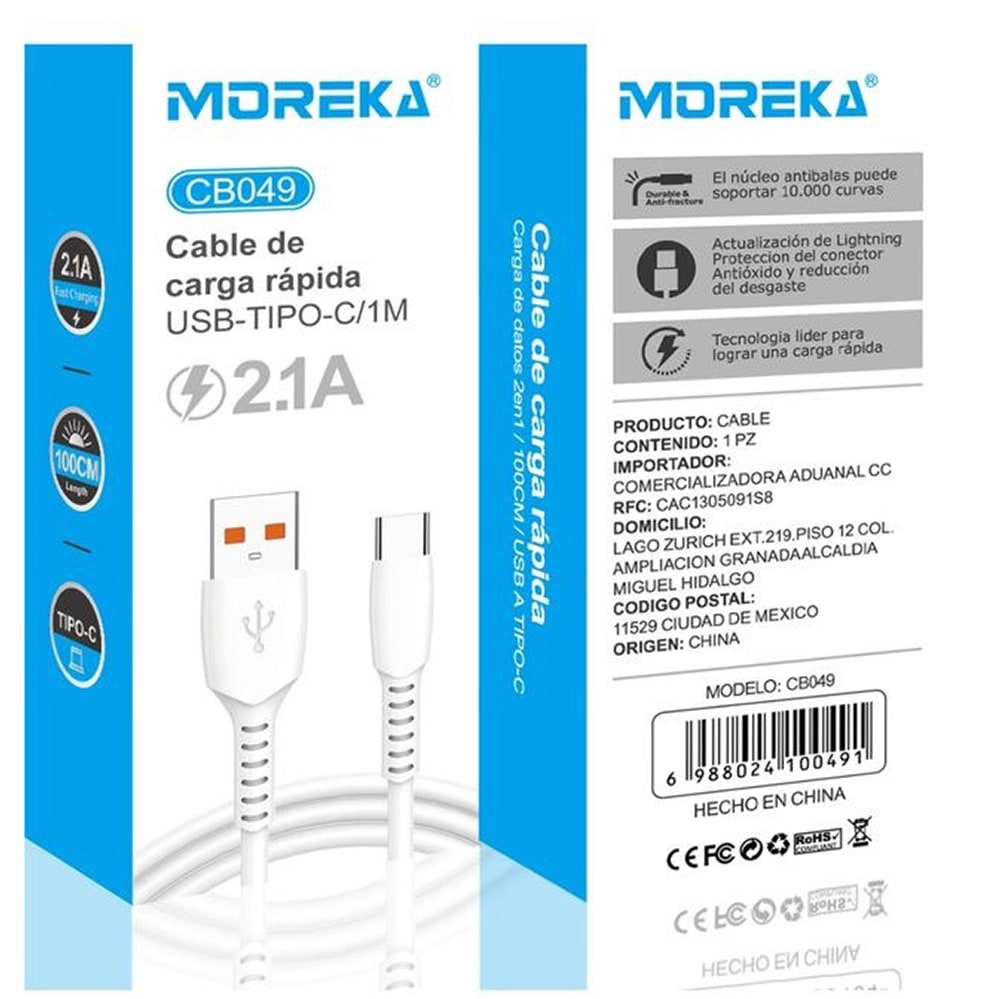 Cable USB Tipo C CB049 2.1 A carga rápida 1 mt7