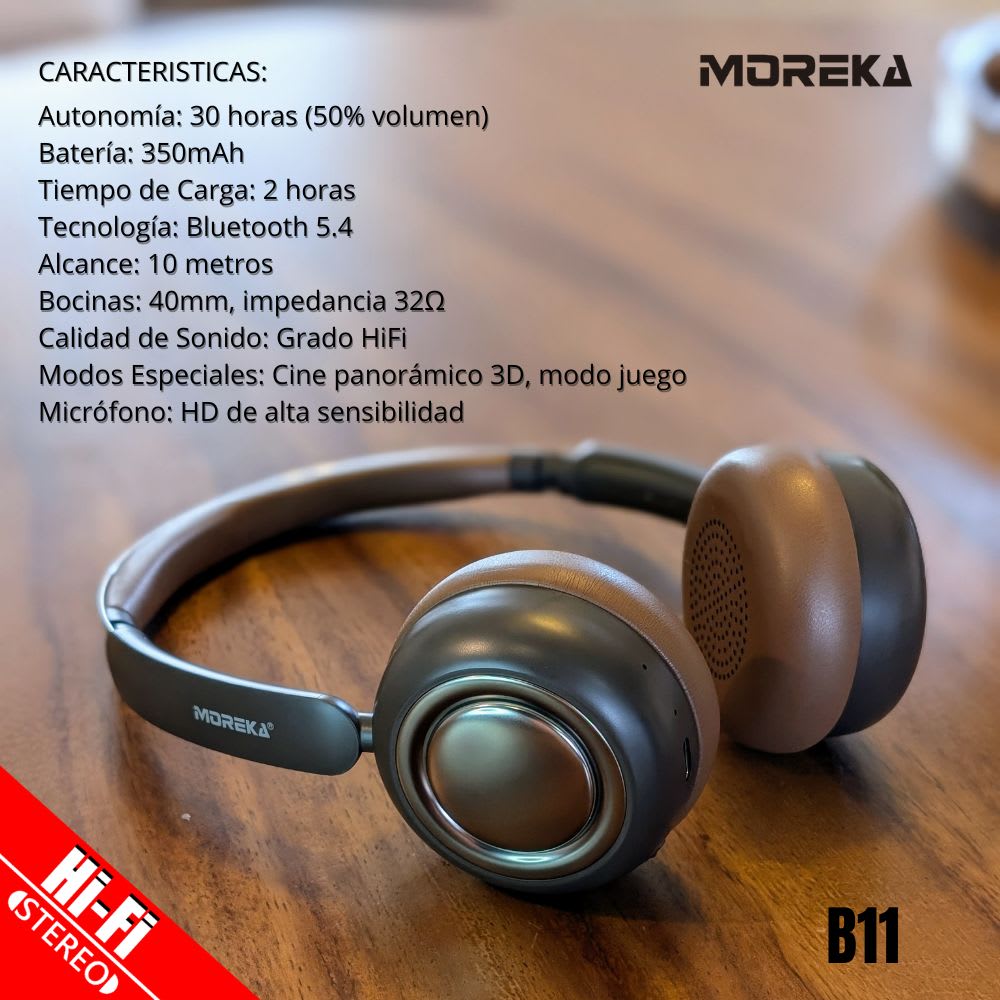 Audífonos Bluetooth V5.4 Moreka BL11 350mAh 40mm Cine panorámico 3D 30 hrs musica7