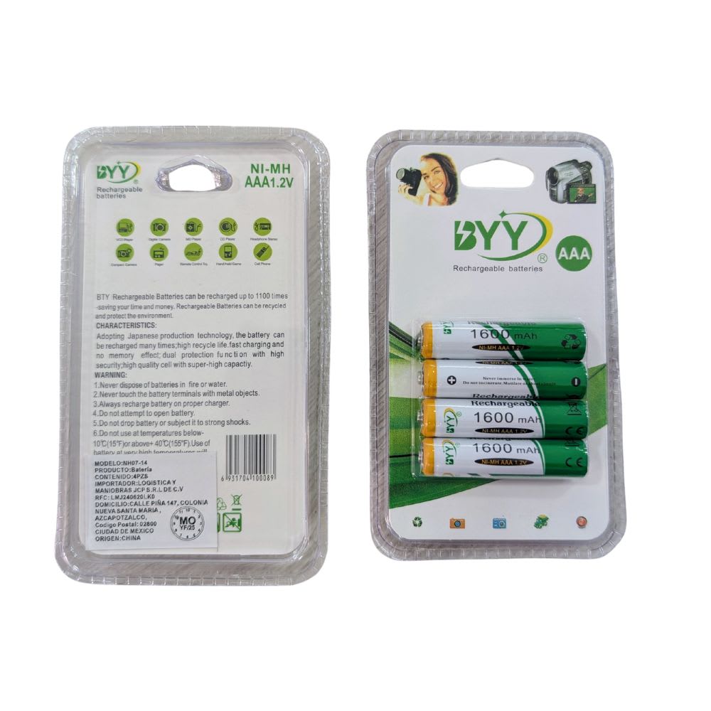Paquete de 4 Pilas Baterías Recargables  Aaa 1.2V 1600 mAh hasta 1100 ciclos BYY NH07-143