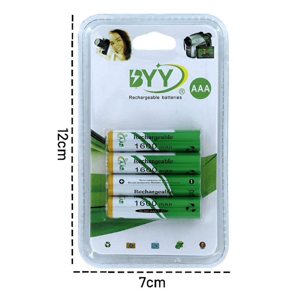 Paquete de 4 Pilas Baterías Recargables  Aaa 1.2V 1600 mAh hasta 1100 ciclos BYY NH07-144