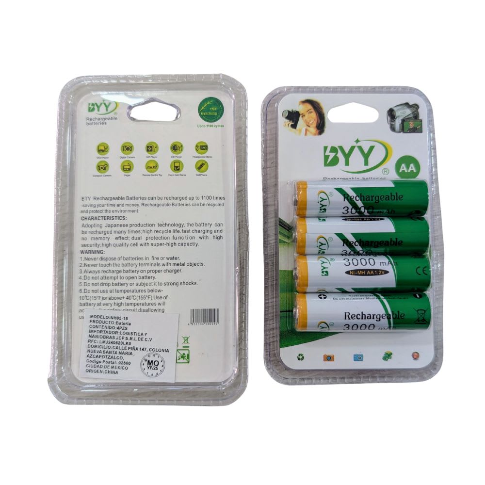 Paquete de 4 Pilas Baterías Recargables  AA 1.2V 2000 mAh hasta 1100 ciclos BYY NH05-153