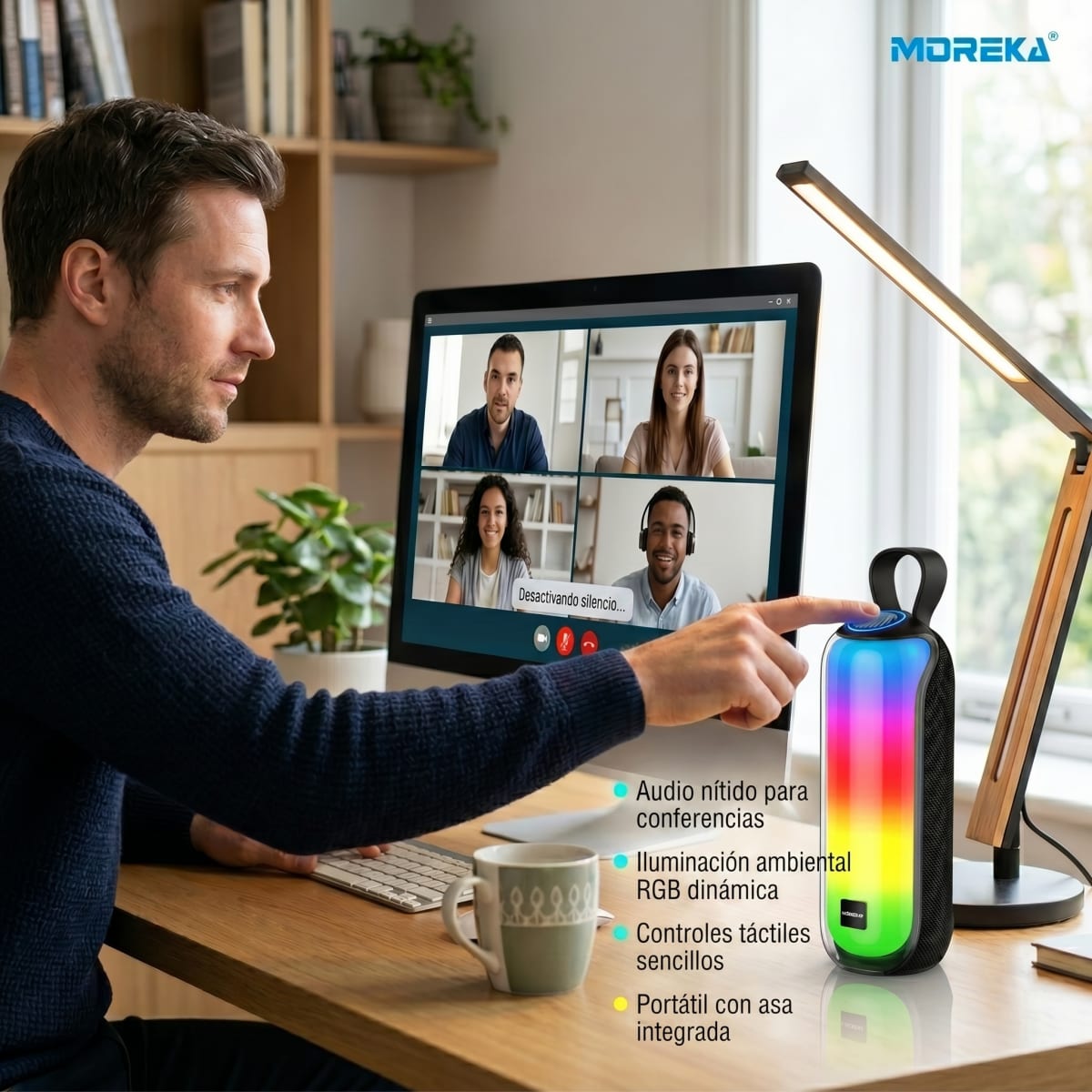 Bocina Moreka 408 14W (2 x 7W) 3000mAh Batería Bluetooth V5.3 IPX5 Resistente al Agua Luz RGB Micrófono Incorporado Radio FM8