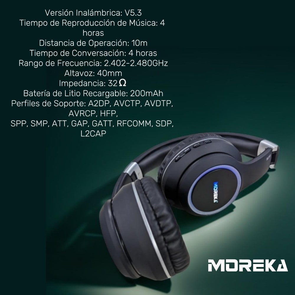 Audífonos Bluetooth V5.3 Moreka BL010 200mAh 40mm3