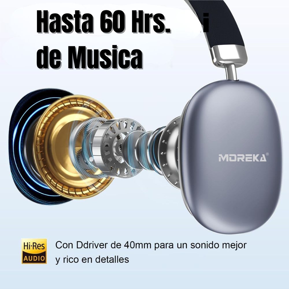 Audífonos Bluetooth V5.4+EDR Moreka BL023A 200mAh 40mm Cancelación de Ruido 65 hrs musica2