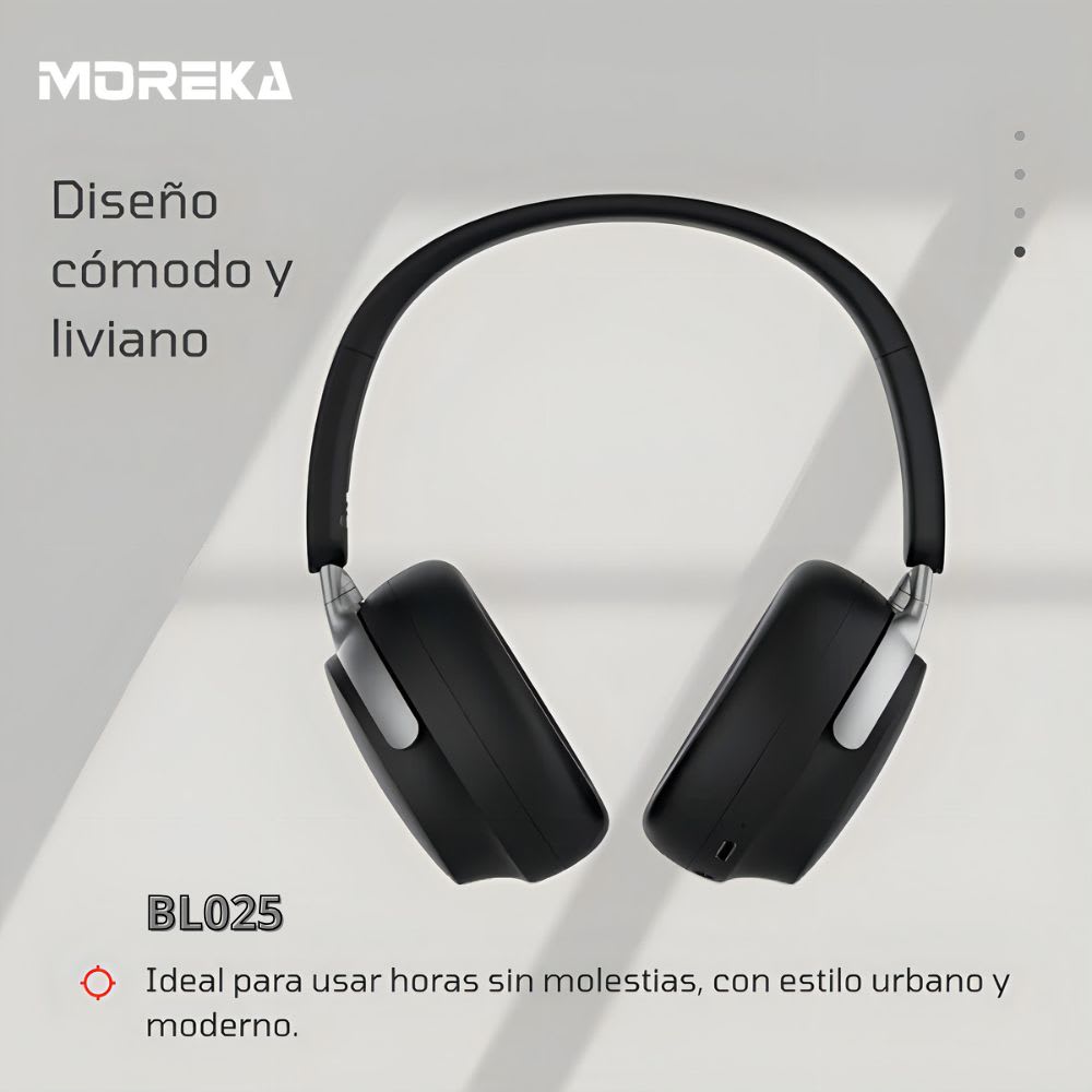 Audífonos Bluetooth V5.4 Moreka BL025 200mAh 40mm Cancelación de Ruido 12 hrs musica3