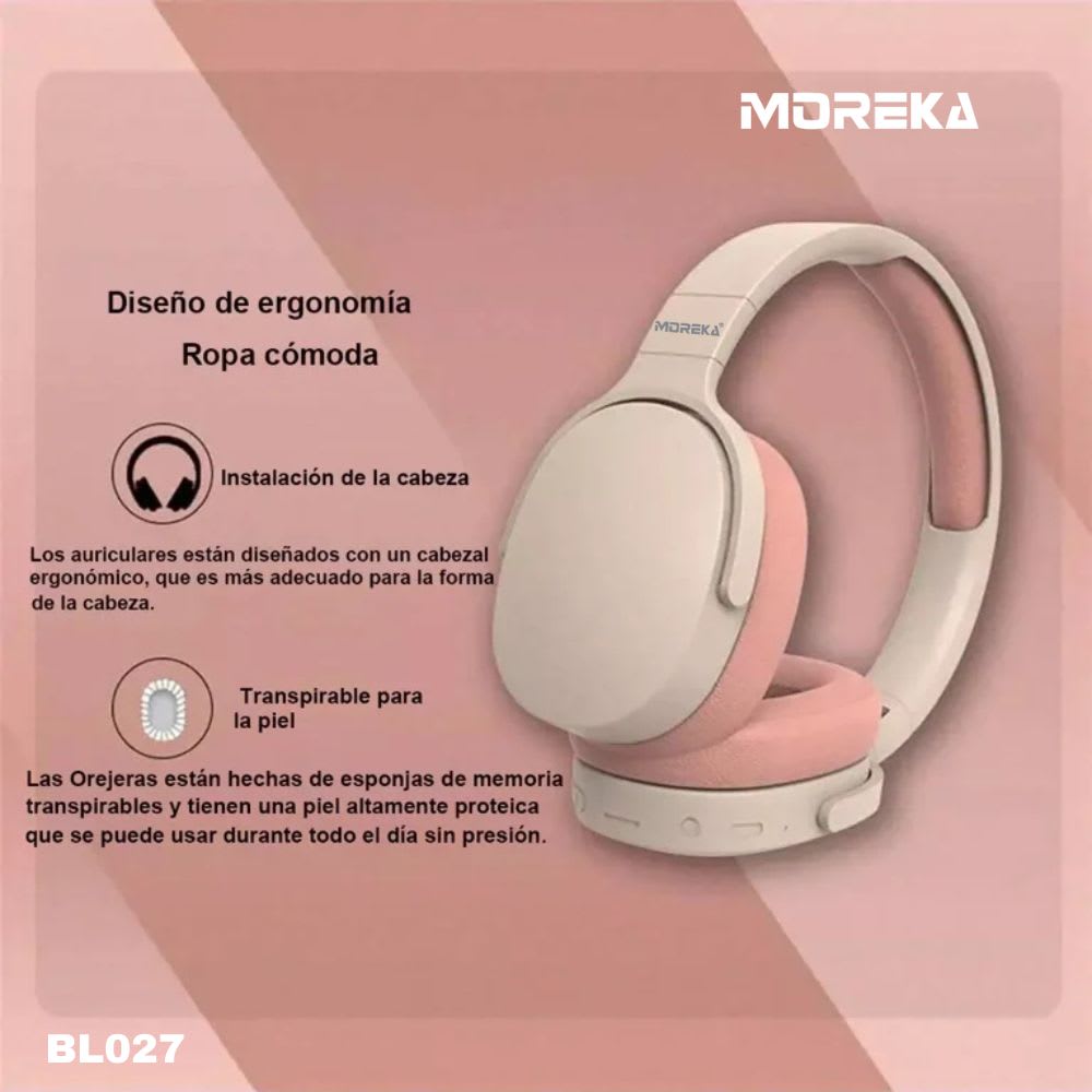 Audífonos Bluetooth 5.4 Moreka BL027 12 horas de musica AUX 3.5mm3