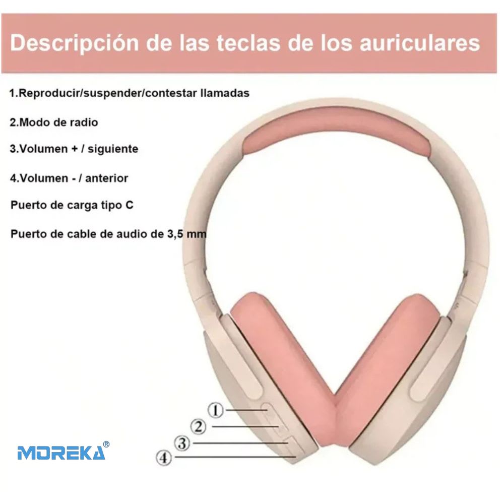 Audífonos Bluetooth 5.4 Moreka BL027 12 horas de musica AUX 3.5mm5