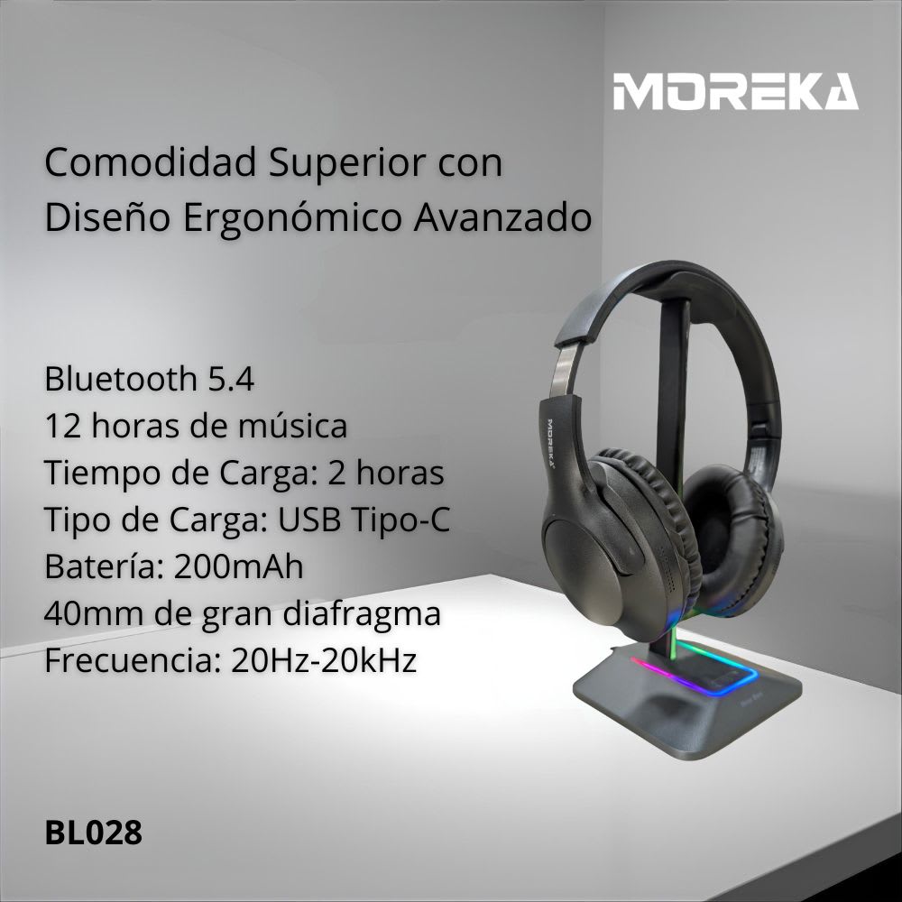 Audífonos Bluetooth V5.4 Moreka BL028 200mAh 40mm Cancelación de Ruido 12 hrs musica2