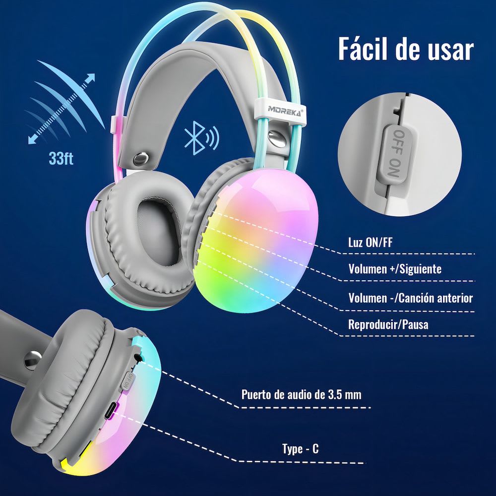 Audífonos Bluetooth 5.3 Moreka BL029 16 horas de musica iluminación RGB2