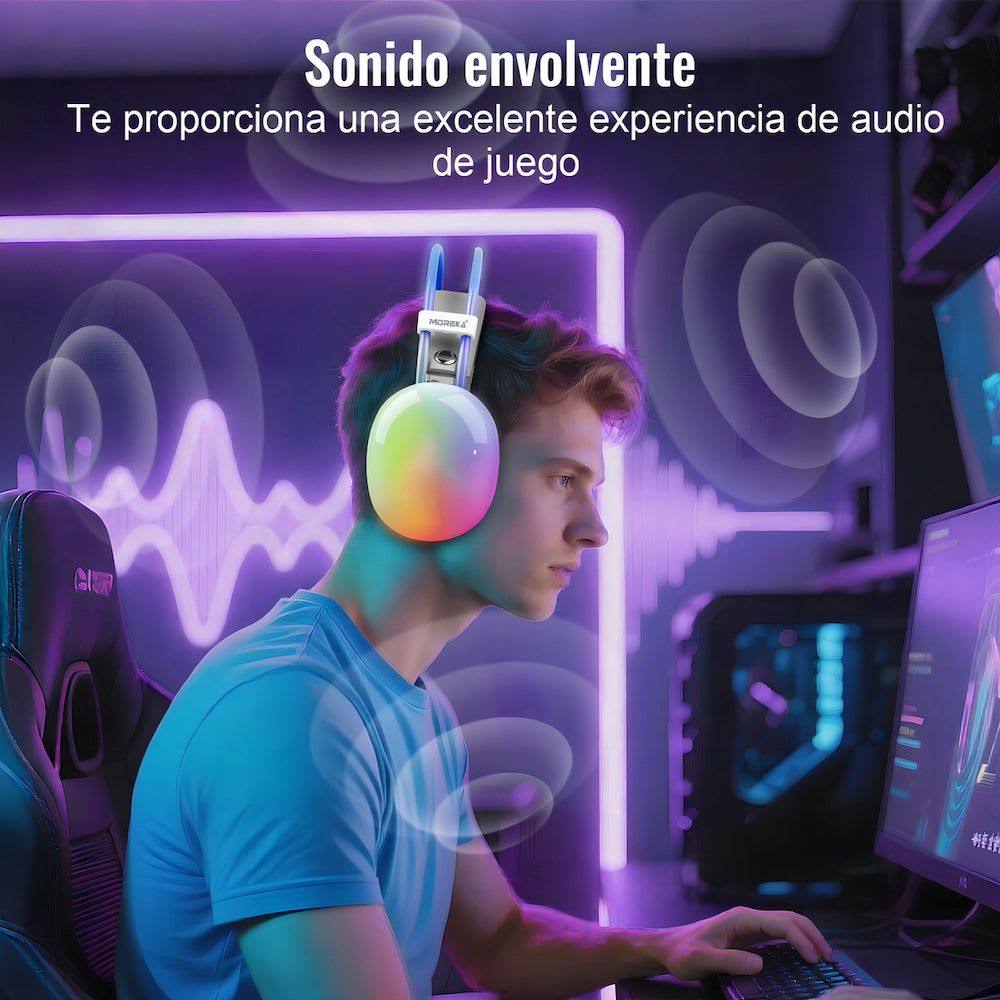 Audífonos Bluetooth 5.3 Moreka BL029 16 horas de musica iluminación RGB8