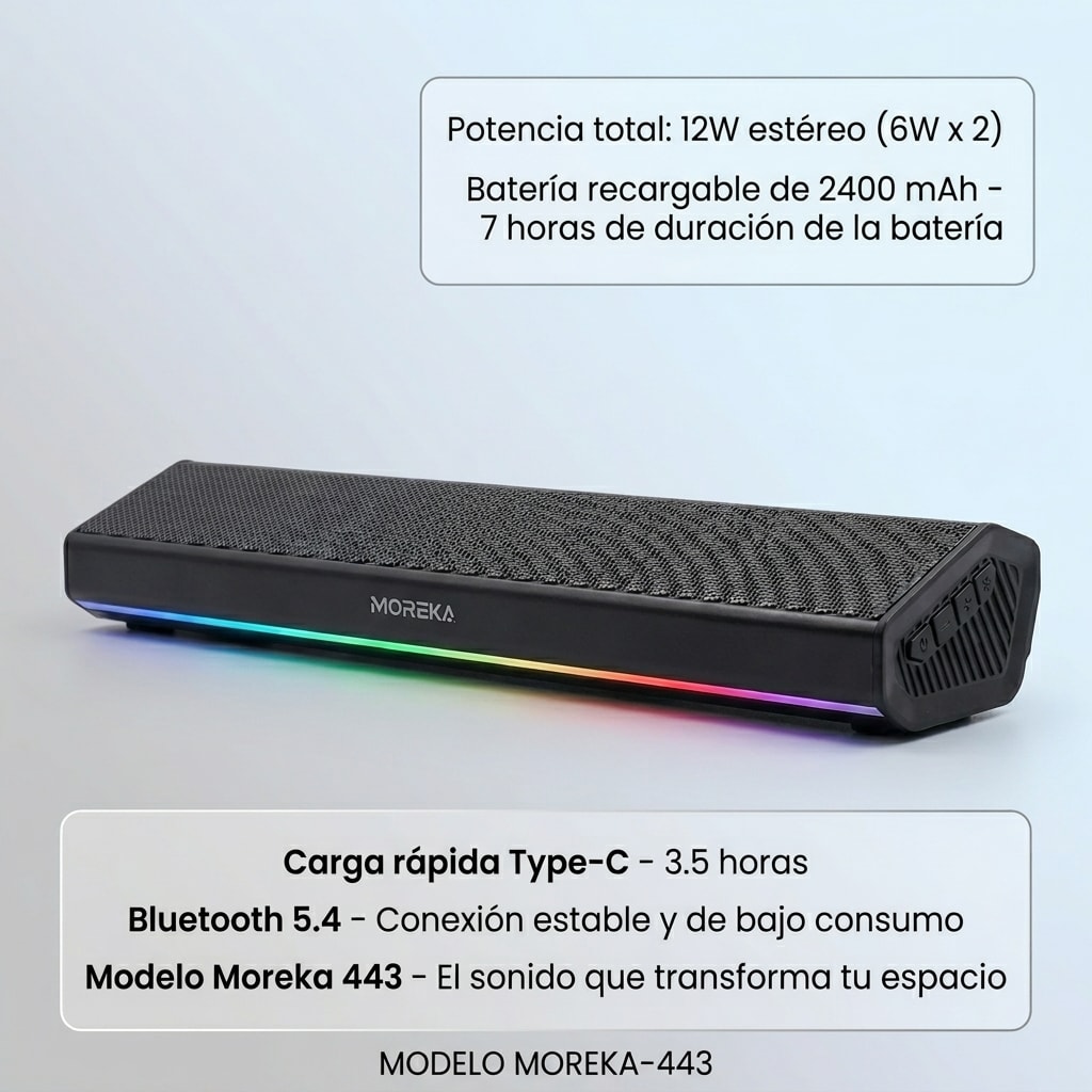 Bocina Moreka 443 12W Batería 3.7V / 2400mAh TWS Estéreo tipo barra1