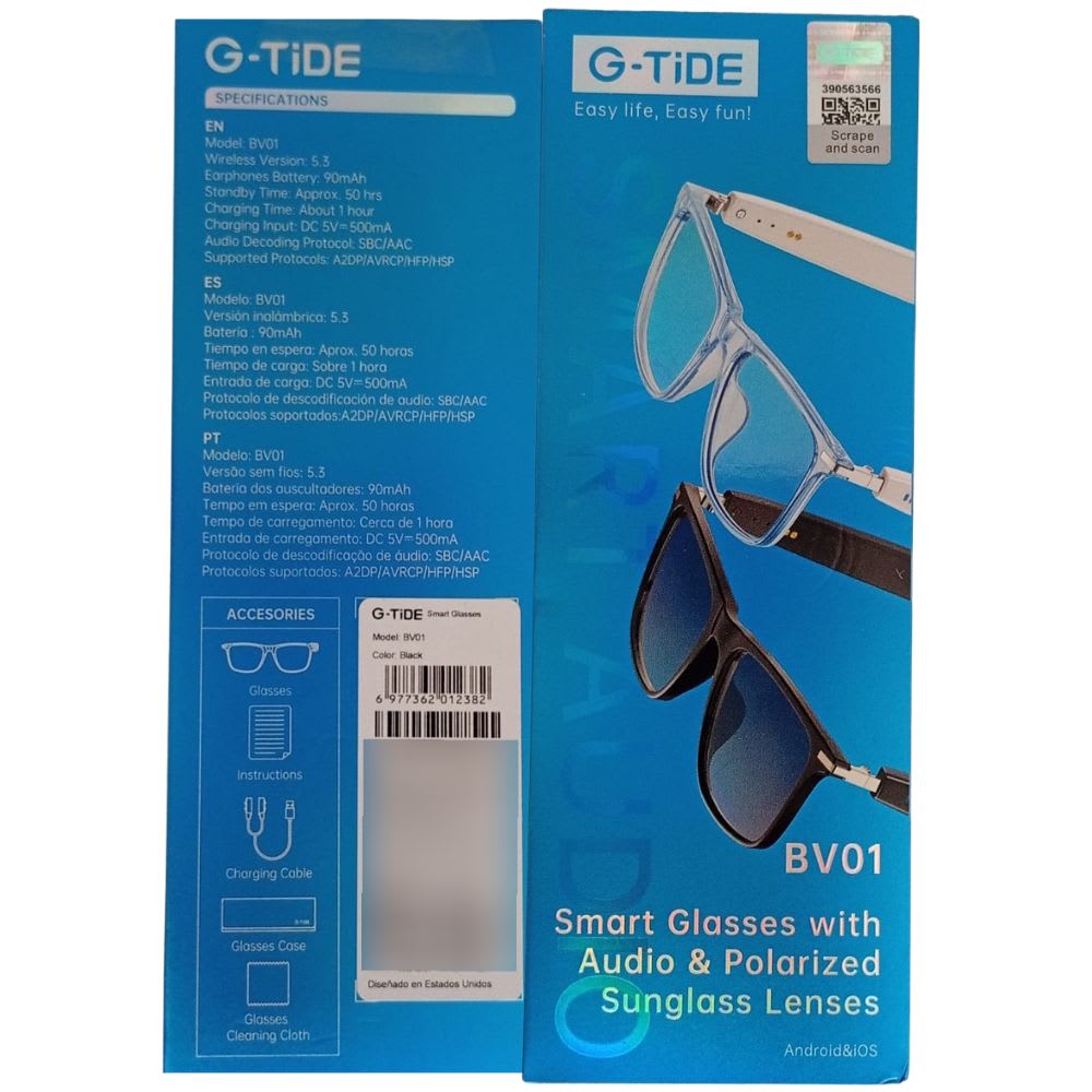 Lentes Inteligentes G-TIDE BV01 Bluetooth 90mAh Protección UV400 control táctil8
