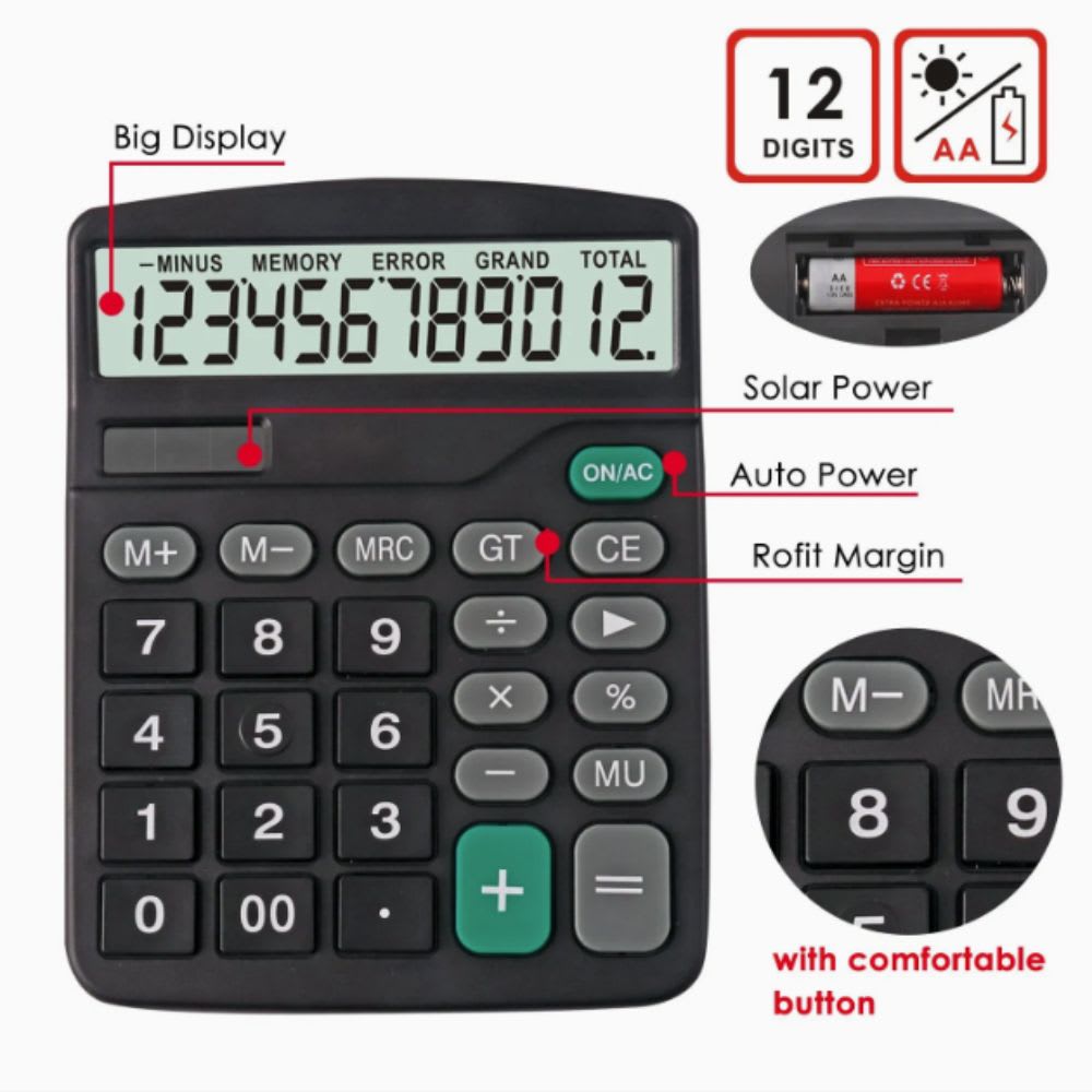 Calculadora electrónica Solar con 12 dígitos, pantalla grande JS-97B2