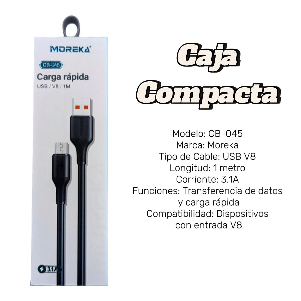 Cable Tipo V8 Micro USB, Moreka CB-045 3.1A 1 M.8