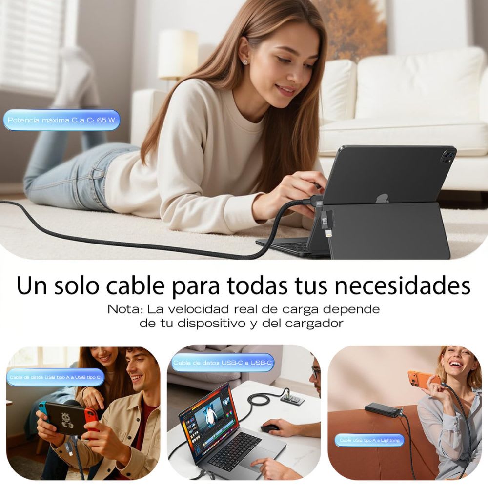 Cable Moreka 4 En 1 Cable Datos 65W en C 27W en IP 1.5m Para Iphone Usb Tipo C CB-0587