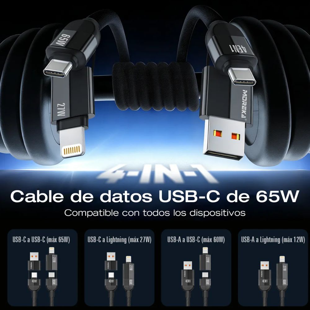 Cable Moreka 4 En 1 Cable Datos 65W en C 27W en IP 1.5m Para Iphone Usb Tipo C CB-0582