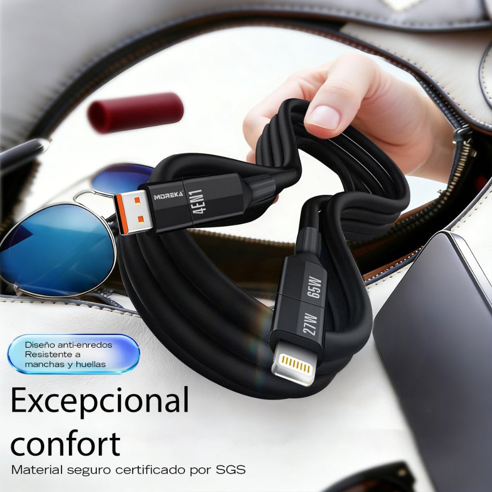 Cable Moreka 4 En 1 Cable Datos 65W en C 27W en IP 1.5m Para Iphone Usb Tipo C CB-0586