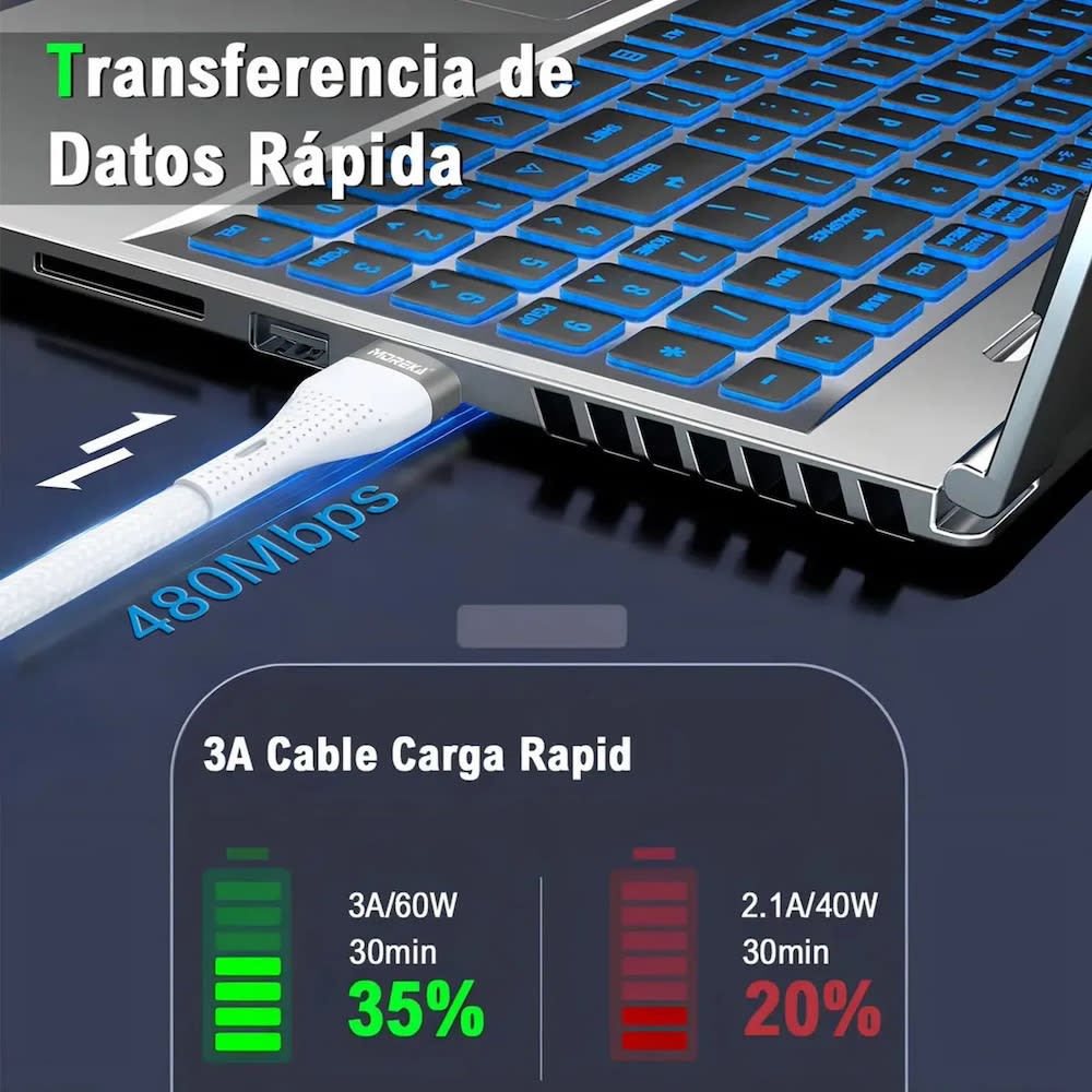 Cable Moreka V8 USB 3A carga rápida 1.2M CB-0576