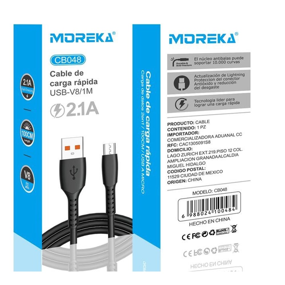 Cable Tipo V8 Micro USB, Moreka CB048 2.1A 1 M.8