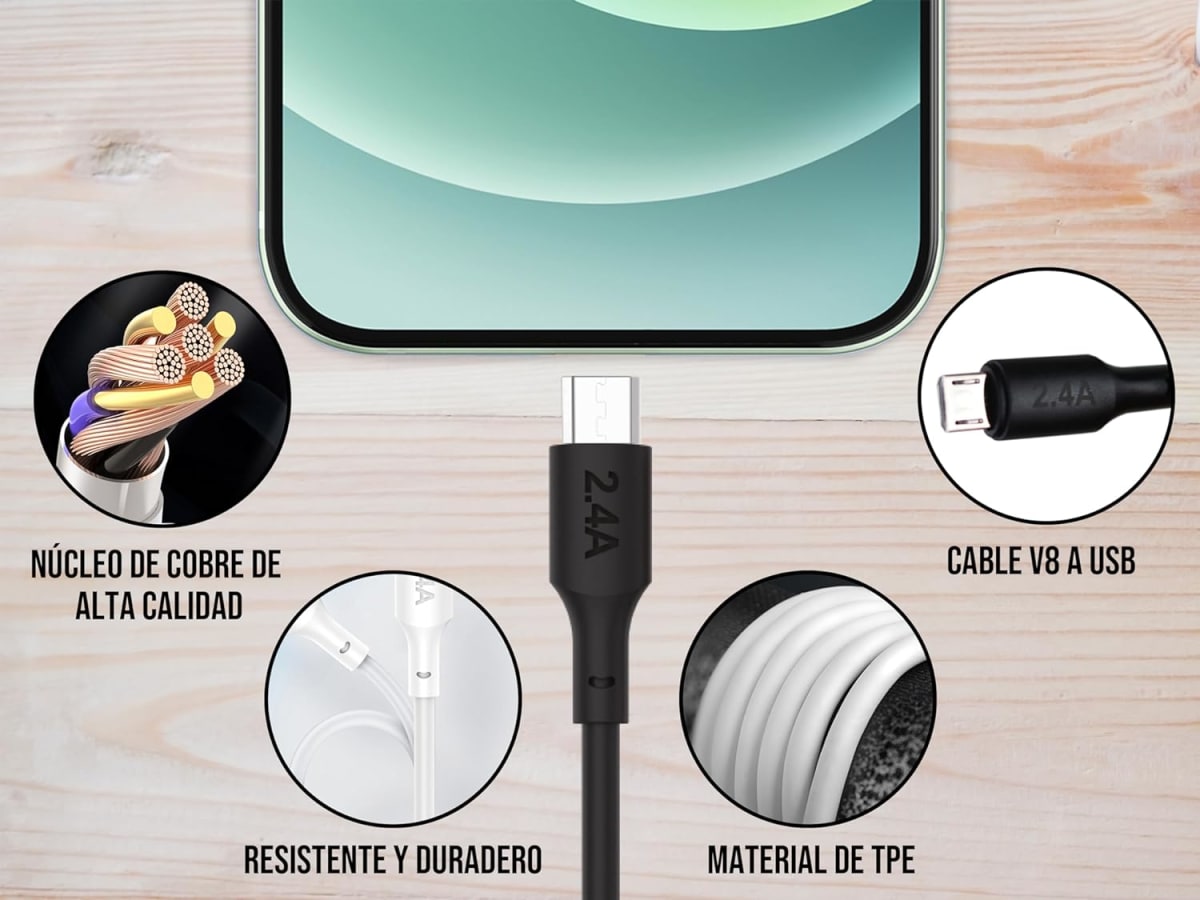 Cable Tipo V8 Micro USB, Moreka CB-35, 2.4 1 M.6