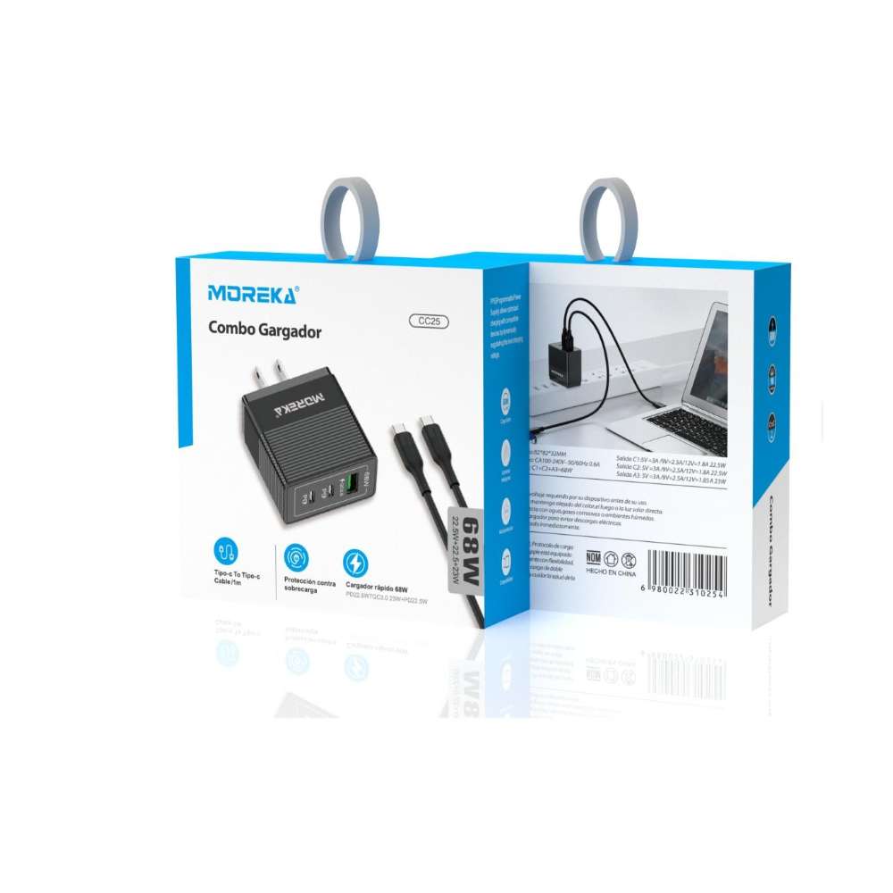 Turbo Cargador 68W 2 puertos C1 22.5W y QC 3.0 23W Cable C8