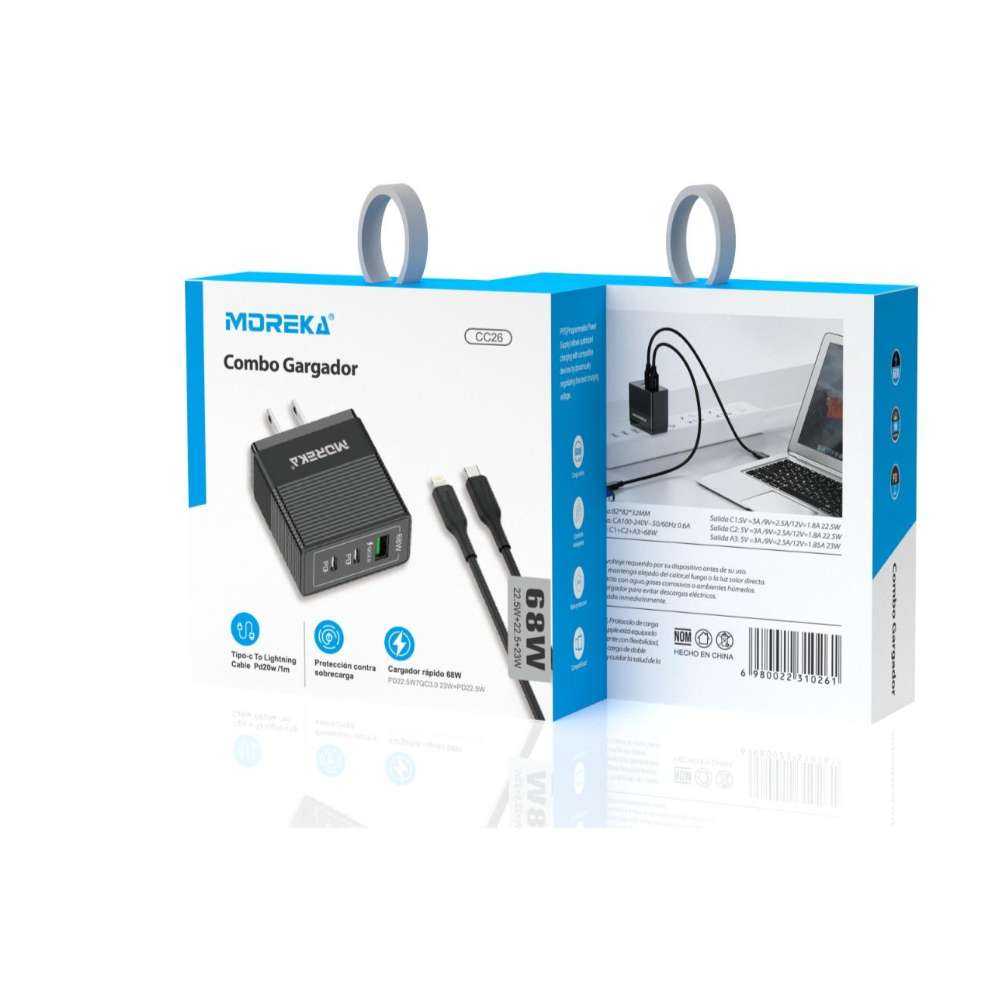 Turbo Cargador 68W 2 puertos C1 22.5W y QC3.0 23W Cable C-IP8